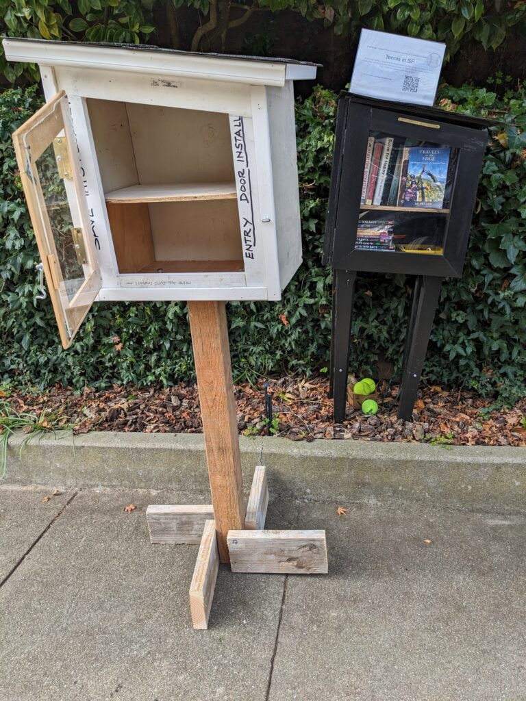 Book exchange built out of reused wood.